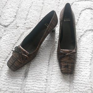 Stuart Weitzman Brown Square Toe Bow Detail Block Heel Pumps